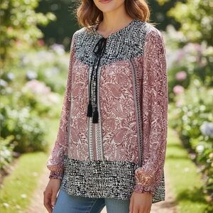 DR2 Daniel Rainn Women's S Tie-Neck Tassel Paisley Boho Hi Low Top Blouse Tunic